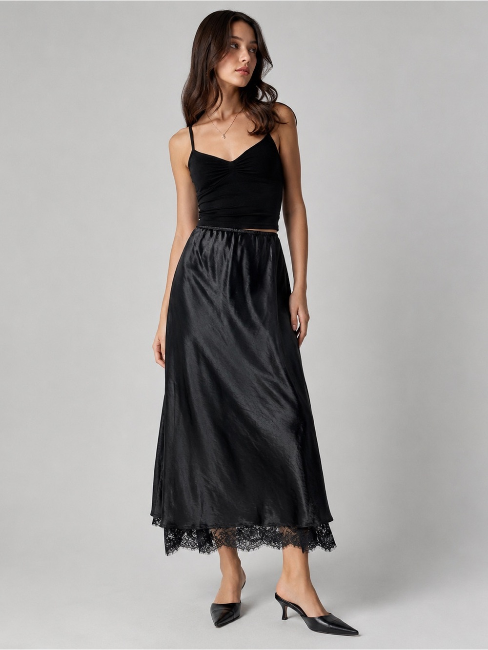 Women’s Black Satin Lace Trim Maxi Skirt High Rise A-Line Elegant Evening NWT - Picture 1 of 8